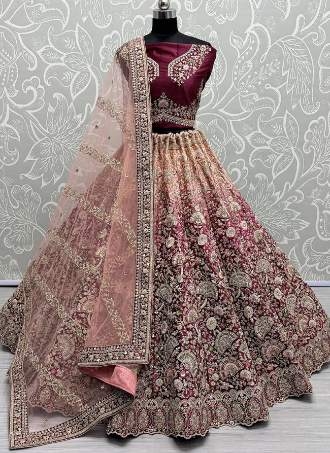 Velvet Peach Dark Pink Bridal Wear Embroidery Work Lehenga Choli